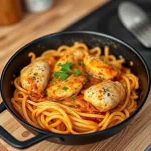 A-one-skillet-chicken-and-pasta-dish-with-bubbling-sauce-garnished-with-parsley