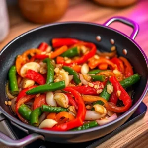 A-pan-filled-with-sauteed-bell-peppers-garlic-and-onions-glistening-in-oil.-recipesfair.com