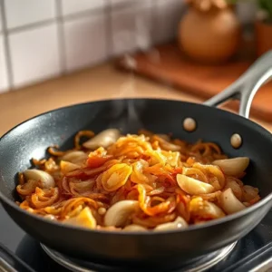 How to Add Flavor to Bland Chicken Casserole A-pan-of-golden-brown-sauteed-onions-and-garlic-with-steam-rising