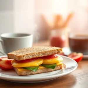 A-perfectly-heated-breakfast-sandwich-on-a-plate-with-steam-rising-paired-with-a-cup-of-coffee-and-fruit-slices-for-a-balanced-meal