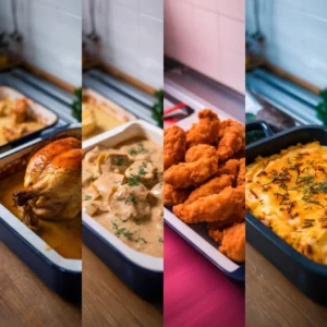 A-photo-collage-featuring-roasted-chicken-with-gravy-creamy-chicken-in-sauce-fried-chicken-and-a-cheesy-chicken-mashed-potato-casserole