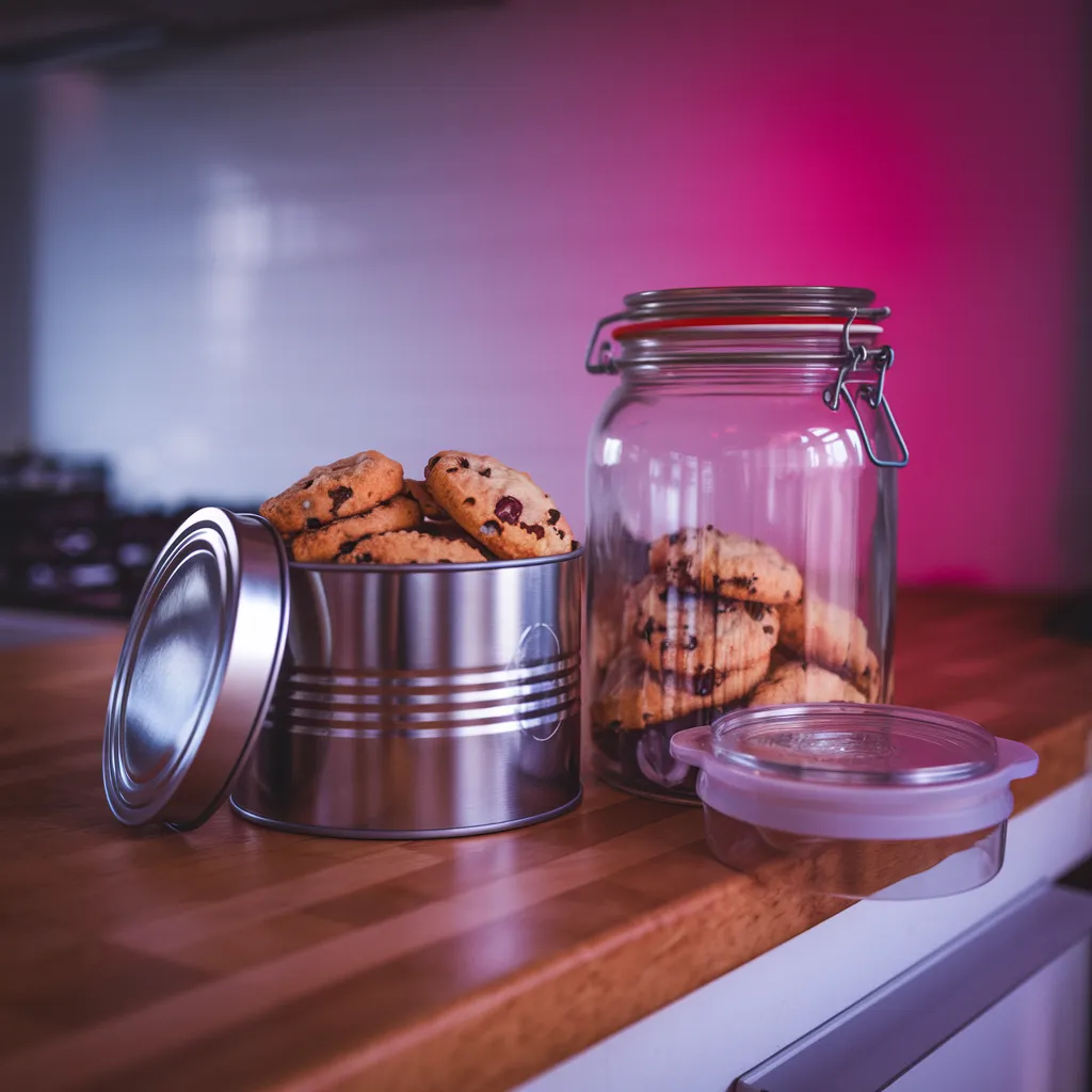 A-photo-comparing-a-metal-tin-filled-with-cookies-to-a-glass-jar-and-plastic-container-highlighting-the-differences-in-design-and-functionality.