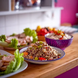 A-photo-featuring-a-vibrant-quinoa-salad-turkey-lettuce-wraps-and-a-chicken-rice-bowl-showcasing-the-variety-and-simplicity-of-gluten-free-lunches