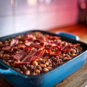 A-photo-of-a-baking-dish-filled-with-baked-beans-ground-beef-and-bacon-fresh-out-of-the-oven-with-a-golden-caramelized-top