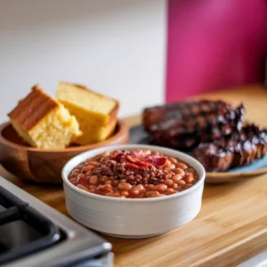 A-photo-of-baked-beans-with-ground-beef-and-bacon-served-alongside-cornbread-and-grilled-meats-for-a-classic-comfort-mea