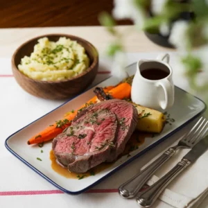 A-photo-of-beef-heart-served-alongside-roasted-vegetables-and-mashed-potatoes-garnished-with-fresh-herb