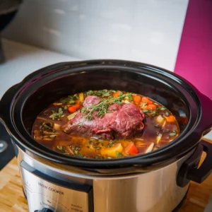 A-photo-of-beef-heart-stew-simmering-in-a-slow-cooker-with-visible-vegetables-and-herbs