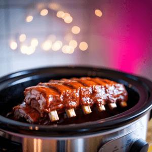 A photo of tender country-style ribs simmering in a slow cooker, with steam rising and sauce glistening