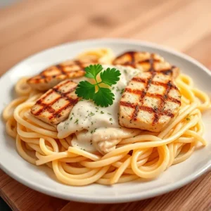 A-plate-of-Chicken-Alfredo-with-fettuccine-pasta-creamy-sauce-and-grilled-chicken-slices-garnished-with-parsley-recipesfair.com