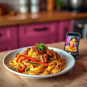 A-plate-of-Rasta-Pasta-with-jerk-chicken-colorful-bell-peppers-and-garnishes-set-on-a-table-alongside-a-smartphone-recipesfair.com