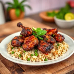 A-plate-of-authentic-Jamaican-jerk-chicken-served-with-rice-and-peas-with-a-smoky-charred-finish-garnished-with-lime-and-fresh-herbs-recipesfair.com