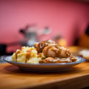 A-plate-of-chicken-and-mashed-potatoes-drizzled-with-gravy