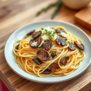 A-plate-of-creamy-tagliatelle-topped-with-sauteed-porcini-mushrooms-and-garnished-with-Parmesan-cheese-and-fresh-thyme-recipesfair.com_