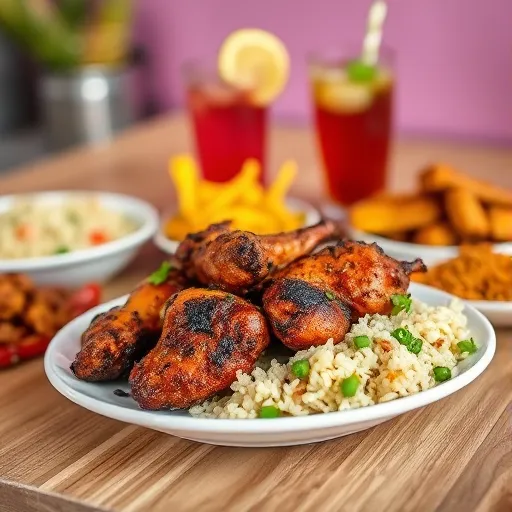 A-plate-of-jerk-chicken-surrounded-by-colorful-sides-such-as-rice-and-peas-fried-plantains-and-a-tropical-drink-in-the-background.-This-captures-the-theme-of-the-articlE