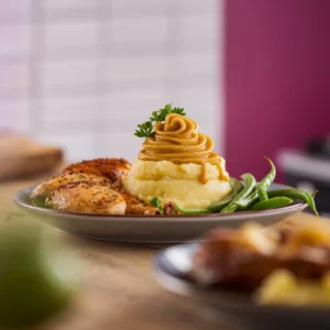 A-plate-of-mashed-potatoes-with-a-swirl-of-golden-gravy-on-top-garnished-with-parsley-served-alongside-roasted-chicken-and-green-beans