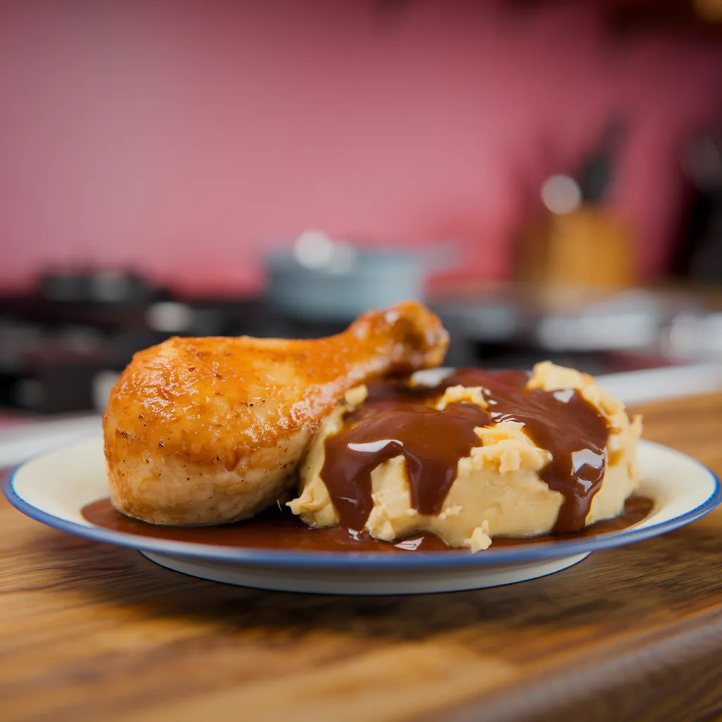 A-plate-of-roasted-chicken-on-a-bed-of-creamy-mashed-potatoes-drizzled-with-gravy-alongside-green-beans-and-a-dinner-roll