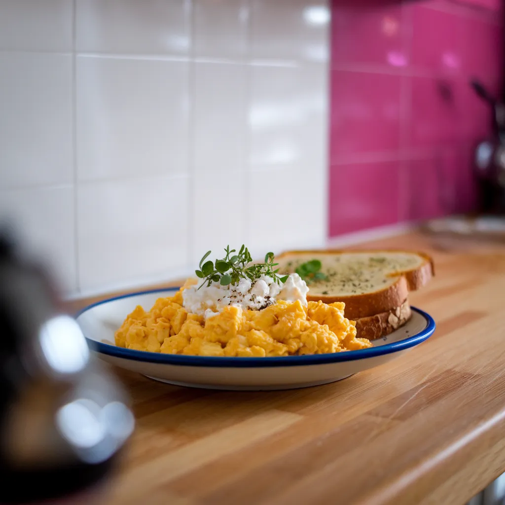 A-plate-of-scrambled-eggs-with-cottage-cheese-and-a-side-of-toast-garnished-with-fresh-herbs