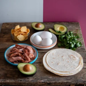 A-plated-dish-featuring-crispy-carnitas-sunny-side-up-eggs-avocado-slices-and-salsa-garnished-with-cilantro-and-served-with-a-lime-wedge.