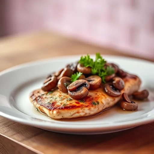 A-plated-dish-of-seared-chicken-breast-topped-with-sauteed-mushrooms-garnished-with-fresh-parsley-recipesfair.com