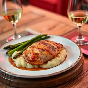 A-plated-serving-of-Marry-Me-Chicken-with-mashed-potatoes-and-roasted-asparagus-placed-on-a-rustic-wooden-table-with-a-glass-of-white-wine-nearby