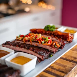 A-platter-of-boneless-beef-ribs-with-three-distinct-styles-barbecue-Asian-inspired-and-honey-mustard-each-with-corresponding-sauces-on-the-side