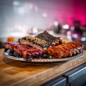 A-platter-showcasing-ribs-in-different-styles-BBQ-glazed-Asian-inspired-with-sesame-seeds-and-honey-garlic-with-a-shiny-caramelized-finish