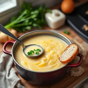 A-pot-of-creamy-potato-leek-soup-with-a-ladle-garnished-with-fresh-parsley-and-served-with-crusty-bread