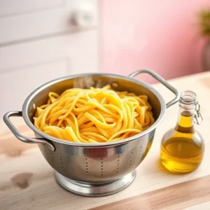 A-pot-of-drained-pasta-in-a-colander-with-steam-rising-paired-with-olive-oil-on-the-side