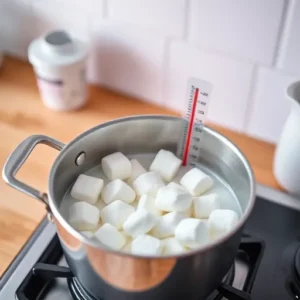 A-pot-of-marshmallows-melting-over-a-stove-with-visible-smoothness-and-no-clumps-alongside-a-thermometer-showing-an-ideal-heat-range