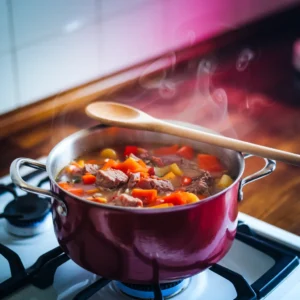 A-pot-of-vegetable-beef-soup-simmering-on-the-stove-with-steam-rising-and-a-wooden-spoon-resting-on-the-pot