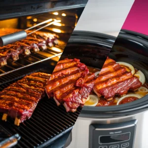 A-progression-of-cooking-images-ribs-being-basted-in-the-oven-seared-on-the-grill-and-placed-in-a-slow-cooker-with-onions-and-sauce