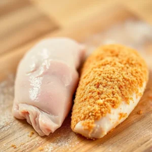 A-raw-chicken-breast-with-unevenly-applied-breading-next-to-a-fully-coated-breaded-piece-demonstrating-the-difference-preparation-can-make-recipesfair.com