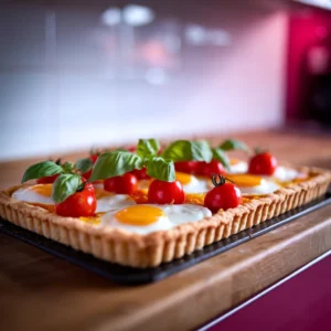 A-rectangular-tart-with-golden-puff-pastry-sunny-side-up-eggs-and-vibrant-cherry-tomatoes-topped-with-fresh-basil-leaves