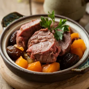 A-rustic-dish-presented-in-a-ceramic-bowl.-The-main-ingredient-is-pieces-of-a-well-cooked-beef-heart-garnished-with-fresh-parsley-leaves