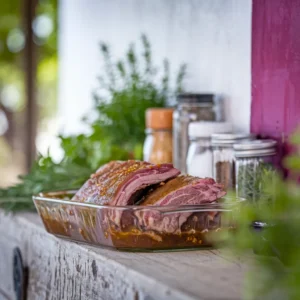 A-rustic-kitchen-counter-with-boneless-beef-ribs-marinating-in-a-glass-dish-surrounded-by-seasoning-jars-and-fresh-herbs.