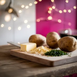 A-rustic-kitchen-counter-with-whole-Russet-potatoes-a-stick-of-butter-grated-cheese-and-chopped-chives-arranged-neatly-for-preparation