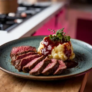 A-rustic-plate-of-sliced-steak-served-with-a-mound-of-mashed-potatoes-topped-with-a-rich-red-wine-gravy-and-a-garnish-of-fresh-herbs