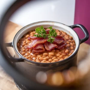 A-rustic-pot-of-baked-beans-topped-with-crispy-bacon-and-garnished-with-fresh-parsley