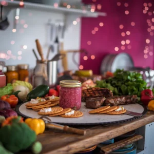 A-rustic-table-featuring-a-jar-of-chow-chow-crackers-with-cream-cheese-and-grilled-meats-surrounded-by-fresh-vegetables-and-canning-tools.