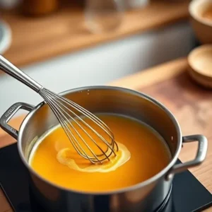 A-saucepan-with-a-golden-roux-being-stirred-with-a-whisk