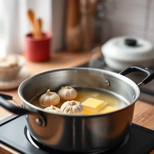 A-saucepan-with-garlic-sizzling-in-melted-butter-releasing-aromatic-steam-recipesfair.com