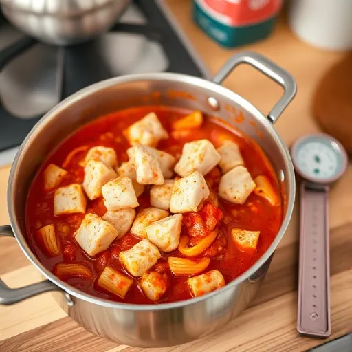 A-saucepan-with-pasta-sauce-simmering-showing-diced-raw-chicken-added-to-the-mixture-with-a-meat-thermometer-nearby-for-emphasis-on-safety-recipesfair.com