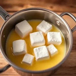 A-sequence-of-marshmallows-melting-in-butter-starting-with-them-in-a-pot-mid-melt-and-fully-melted-to-a-glossy-smooth-consistency