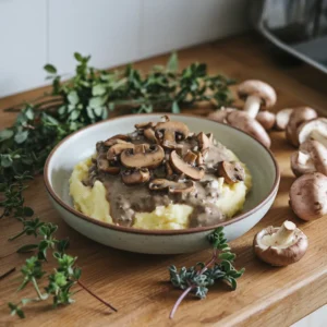 A-serving-of-mashed-potatoes-topped-with-mushroom-gravy-surrounded-by-fresh-herbs-and-sauteed-mushrooms