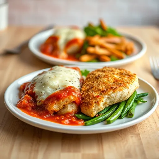 A-side-by-side-comparison-Chicken-Parmesan-with-marinara-sauce-and-melted-cheese-on-one-plate-and-Parmesan-Chicken-with-vegetables-recipesfair.com