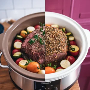 A-side-by-side-comparison-of-a-crock-pot-roast-surrounded-by-vegetables-and-an-oven-roasted-pot-roast-with-a-crispy-herb-crusted-exterior