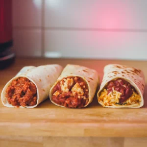 A-side-by-side-comparison-of-burritos-reheated-in-the-oven-microwave-and-air-fryer-showing-differences-in-texture-and-appearance