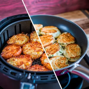 A-side-by-side-comparison-of-hash-browns-cooked-in-an-air-fryer-and-a-frying-pan-highlighting-the-golden-crispy-texture-of-the-air-fried-version