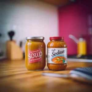 A-side-by-side-comparison-of-homemade-soup-and-store-bought-soup-with-labels-highlighting-their-nutritional-differences-e.g.-No-preservatives-vs.-High-sodium