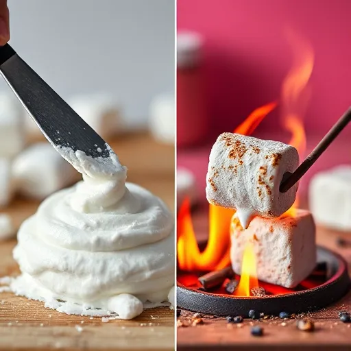 A-side-by-side-comparison-of-marshmallow-creme-being-spread-with-a-knife-and-marshmallows-being-roasted-over-a-flame